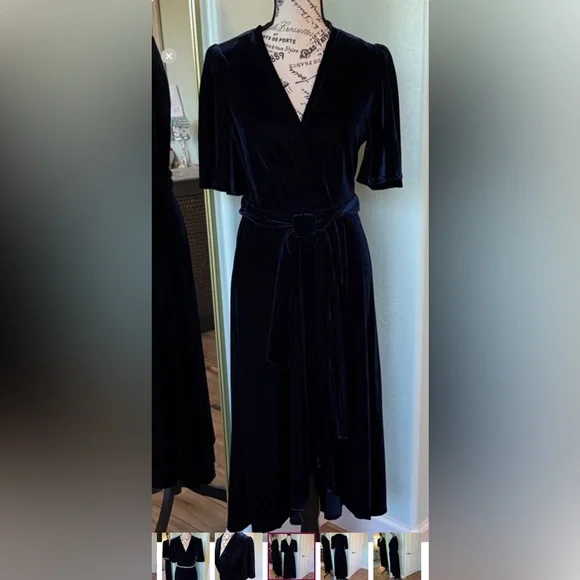 Donna Morgan Dark Blue Velvet Midi Dress - Picture 2 of 8